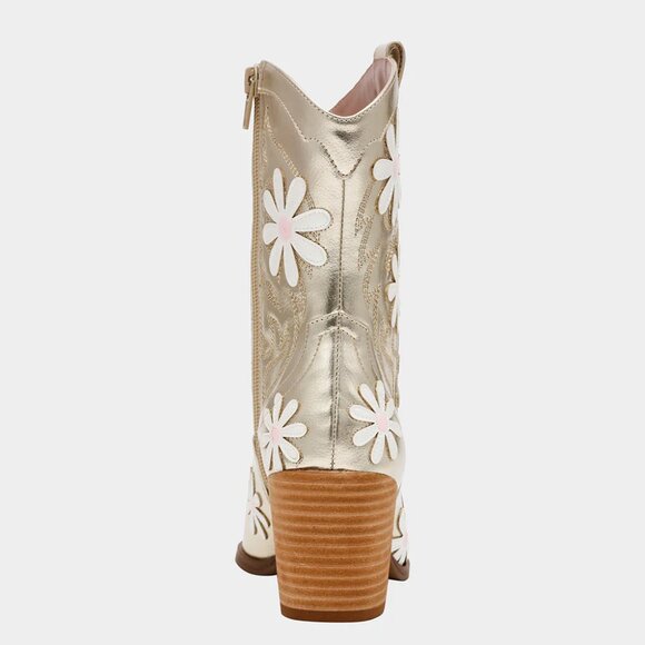 NWB$129 BETSEY JOHNSON Gold Faux Leather Teddyy Floral Daisy Western Booties 8.5 - Picture 7 of 10